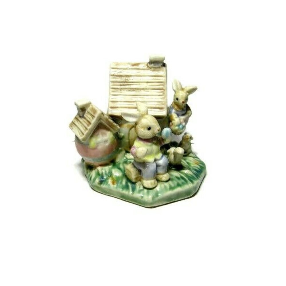 Ceramic Easter Bunny Family House Figurine